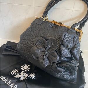 Decorative Floral Black Leather Shoulder Bag with Gold Trim